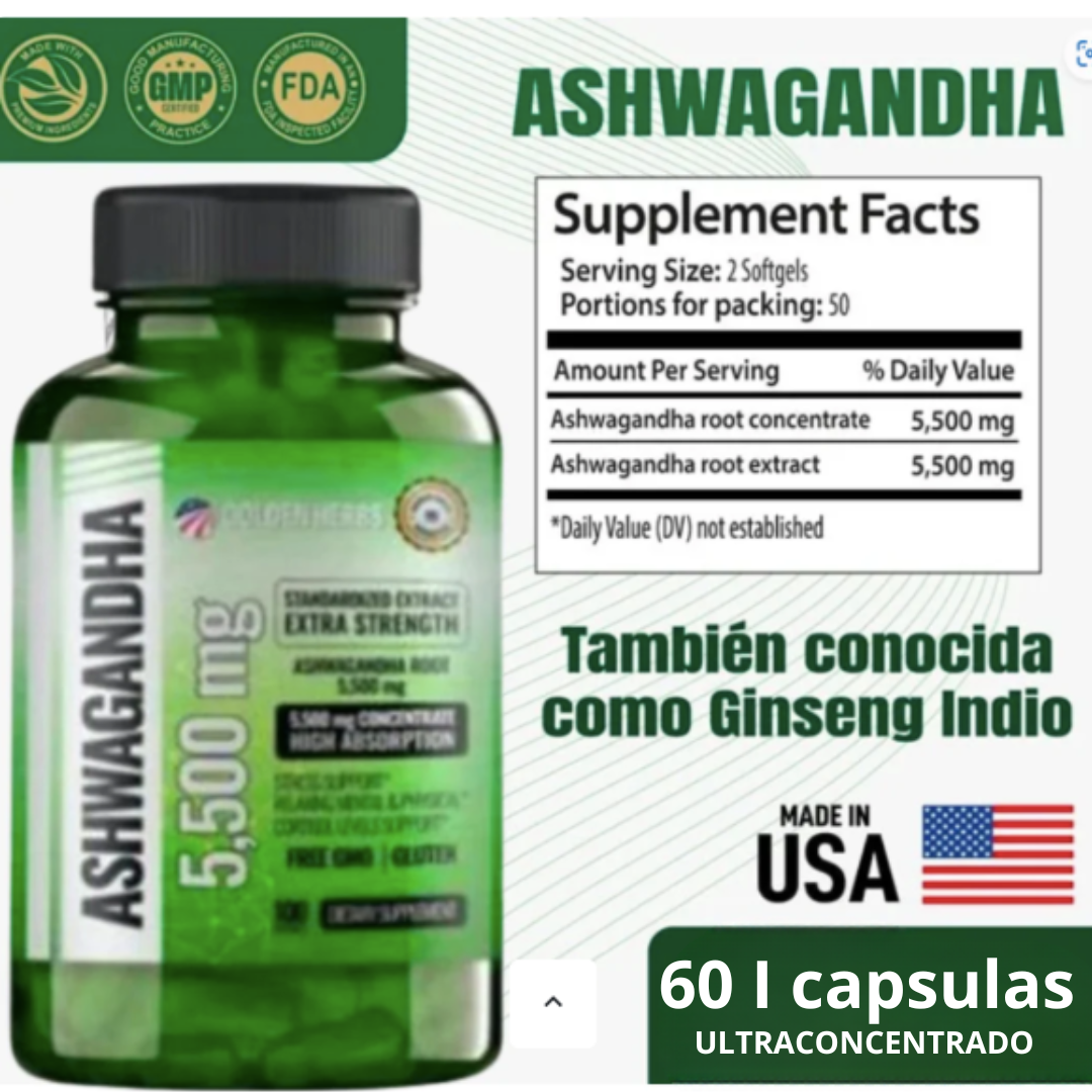 ASHWAGANDHA AMERICANO | ALTA CONCENTRACIÓN | 5500 mg | 60 Cápsulas NUEVA FORMULA TOMA 2 AL DÍA .🎯 Controla el Estrés y Duerme Mejor . LLEVE 4 Y TE REGALAMOS 1 +