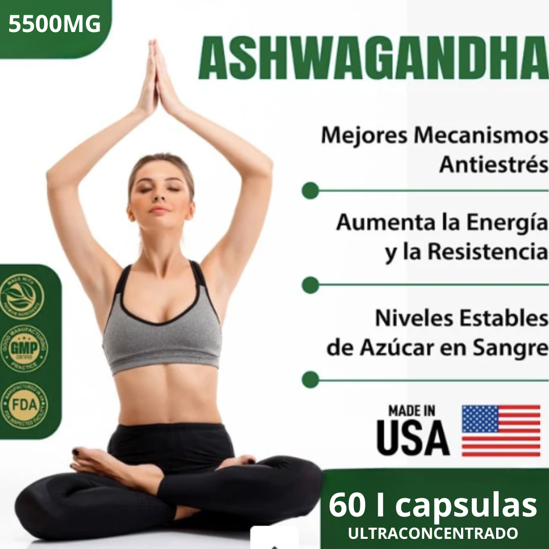ASHWAGANDHA AMERICANO | ALTA CONCENTRACIÓN | 5500 mg | 60 Cápsulas NUEVA FORMULA TOMA 2 AL DÍA .🎯 Controla el Estrés y Duerme Mejor . LLEVE 4 Y TE REGALAMOS 1 +